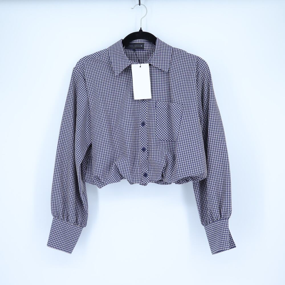 Zara Cropped Gingham Blouse Blue and White NWT Seersucker Button Up Women's XS